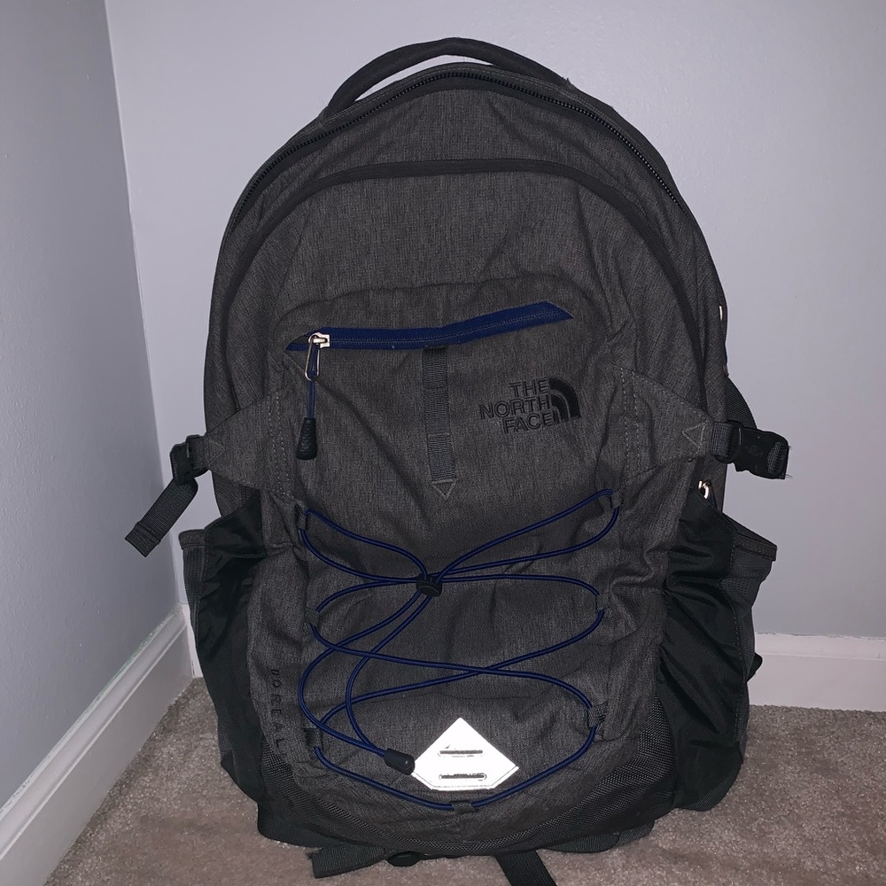 North Face blue and grey backpack